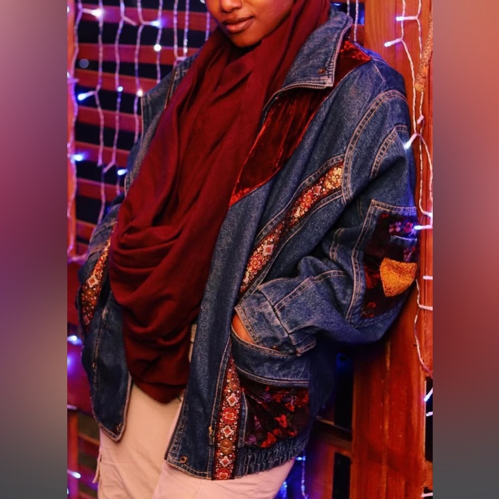 Denim Patchwork Jacket With Burgundy Accents - image 1